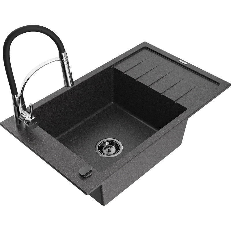 Mexen Elias granite kitchen sink 1-bowl with drainer and Aster kitchen faucet, black speckled - 6511-76-73450-07-B