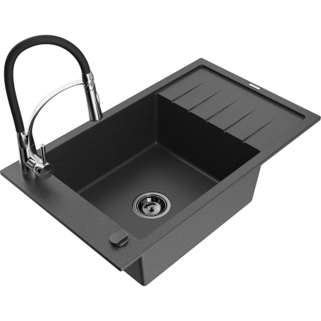 Mexen Elias 1-bowl granite kitchen sink with drainer and Aster kitchen tap, black speckled - 6511-76-73450-07-B