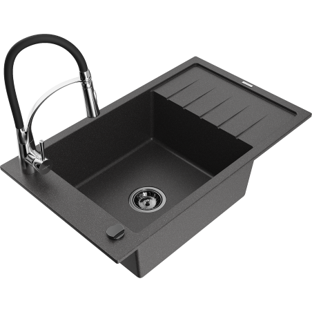 Mexen Elias 1-bowl granite sink with drainer and kitchen faucet Aster, black speckled - 6511-76-73450-07-B