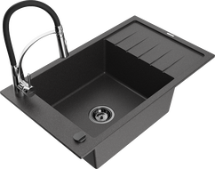 Mexen Elias 1-compartment granite sink with a drip tray and kitchen mixer tap Aster, spotted black - 6511-76-73450-07-B