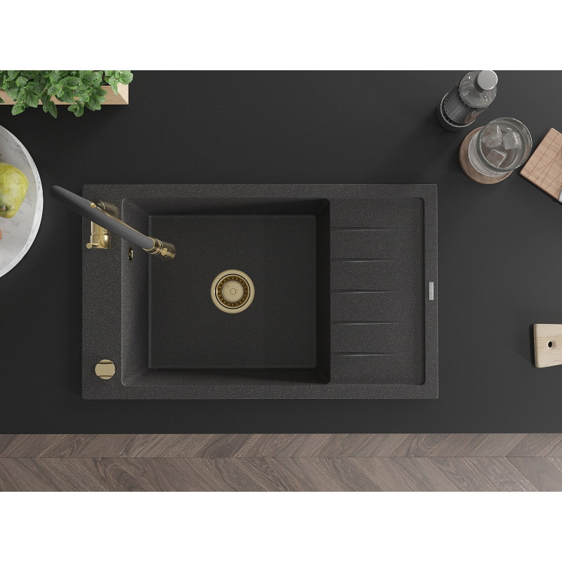 Mexen Elias granite single-bowl sink with drainer and kitchen faucet Aster, black speckled - 6511-76-73450-57-G