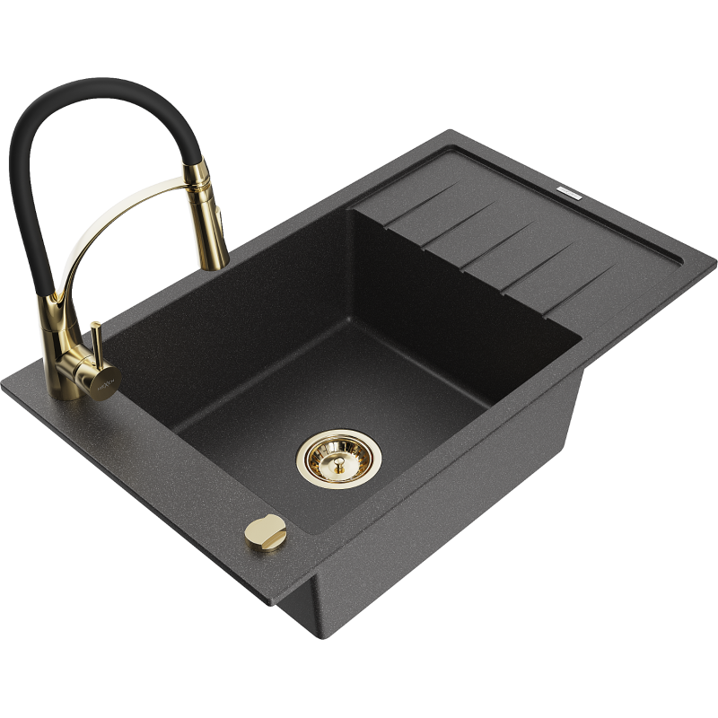 Mexen Elias 1-bowl granite sink with drainer and Aster kitchen tap, black speckled - 6511-76-73450-57-G
