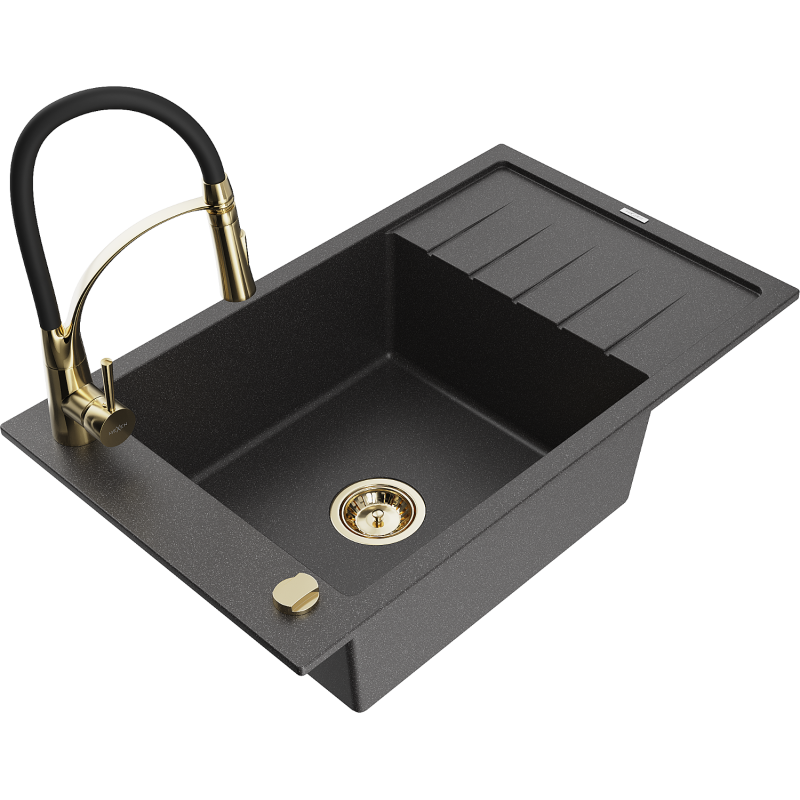 Mexen Elias 1-compartment granite sink with a drip tray and kitchen mixer tap Aster, spotted black - 6511-76-73450-57-G