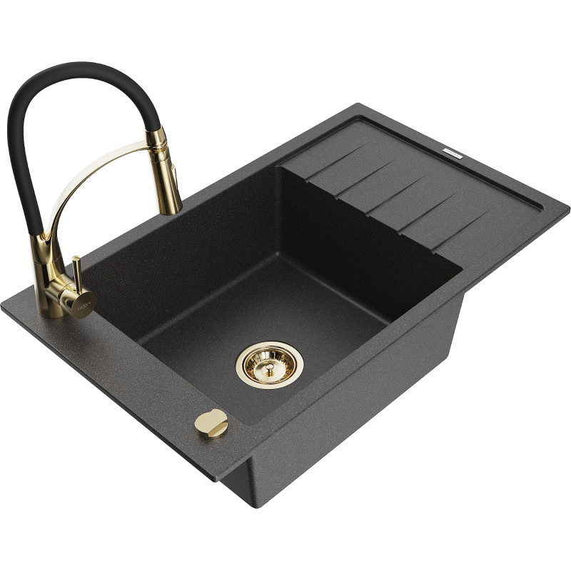 Mexen Elias granite kitchen sink 1-bowl with drainer and kitchen faucet Aster, speckled black - 6511-76-73450-57-G
