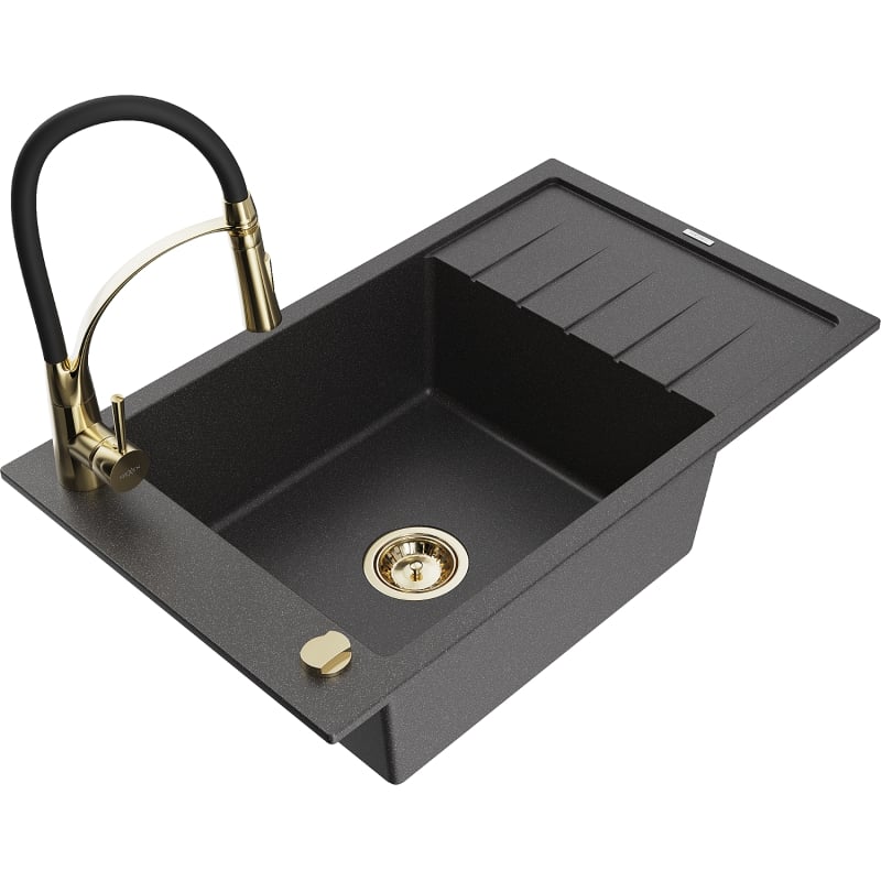 Mexen Elias granite single-bowl sink with drainer and kitchen faucet Aster, black speckled - 6511-76-73450-57-G