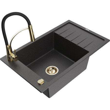Mexen Elias 1-bowl granite sink with drainer and Aster kitchen tap, black speckled - 6511-76-73450-57-G