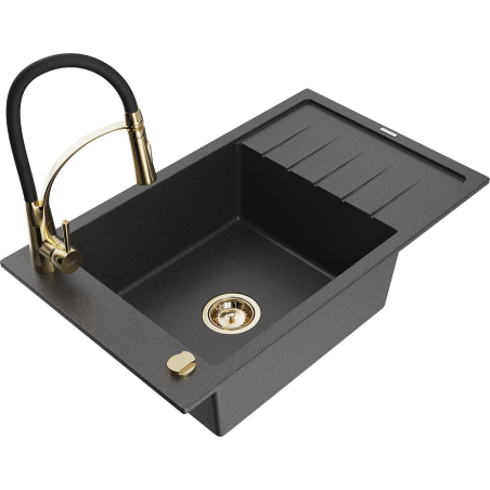 Mexen Elias granite single-bowl sink with drainer and kitchen faucet Aster, black speckled - 6511-76-73450-57-G
