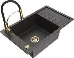 Mexen Elias 1-compartment granite sink with a drip tray and kitchen mixer tap Aster, spotted black - 6511-76-73450-57-G