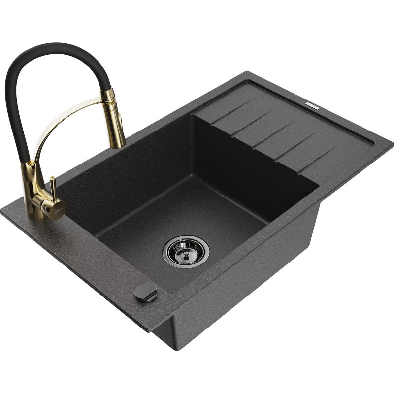 Mexen Elias 1-bowl granite sink with drainer and Aster kitchen tap, speckled black - 6511-76-73450-57-B