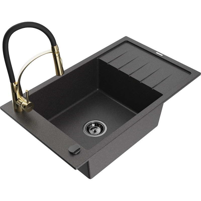 Mexen Elias granite kitchen sink 1-bowl with drainer and Aster faucet, speckled black - 6511-76-73450-57-B