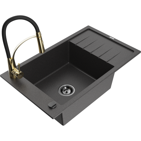 Mexen Elias 1-bowl granite sink with drainer and Aster kitchen tap, speckled black - 6511-76-73450-57-B