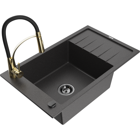 Mexen Elias granite kitchen sink 1-bowl with drainer and Aster faucet, speckled black - 6511-76-73450-57-B