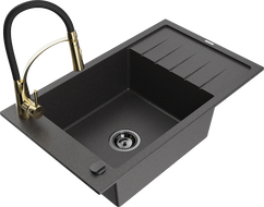 Mexen Elias 1-bowl granite sink with drainer and Aster kitchen tap, speckled black - 6511-76-73450-57-B