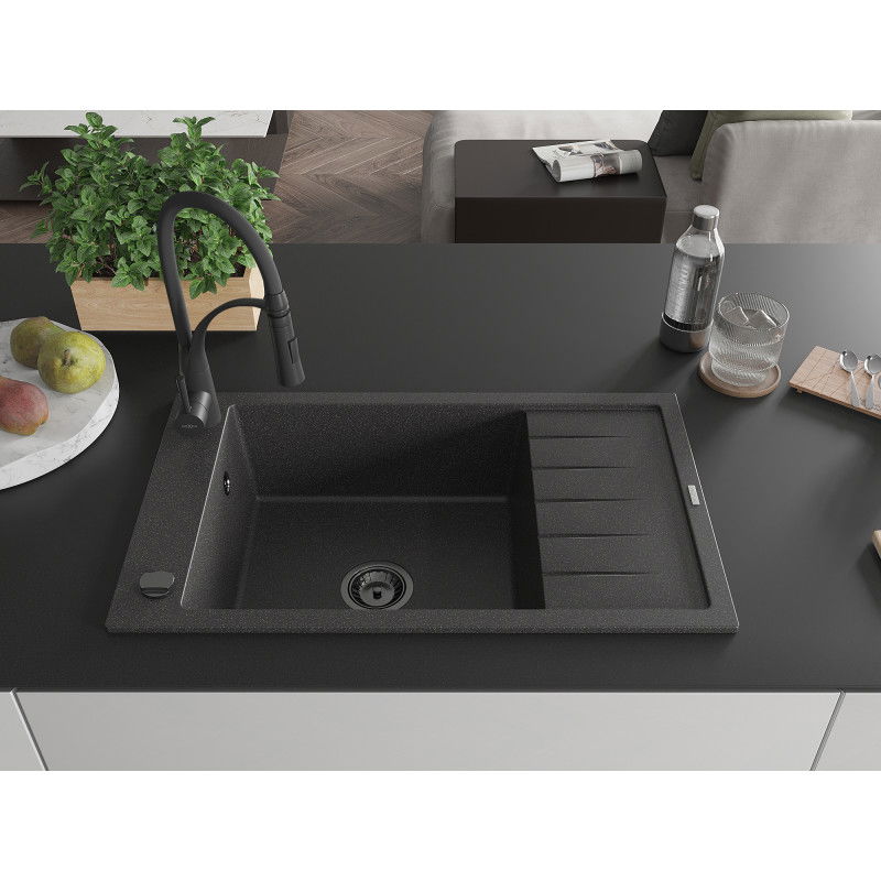 Mexen Elias 1-bowl granite kitchen sink with drainer and Aster kitchen tap, black speckled - 6511-76-73450-70-B