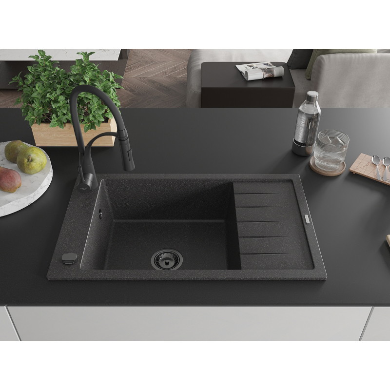 Mexen Elias 1-bowl granite sink with drainer and Aster kitchen faucet, black speckled - 6511-76-73450-70-B