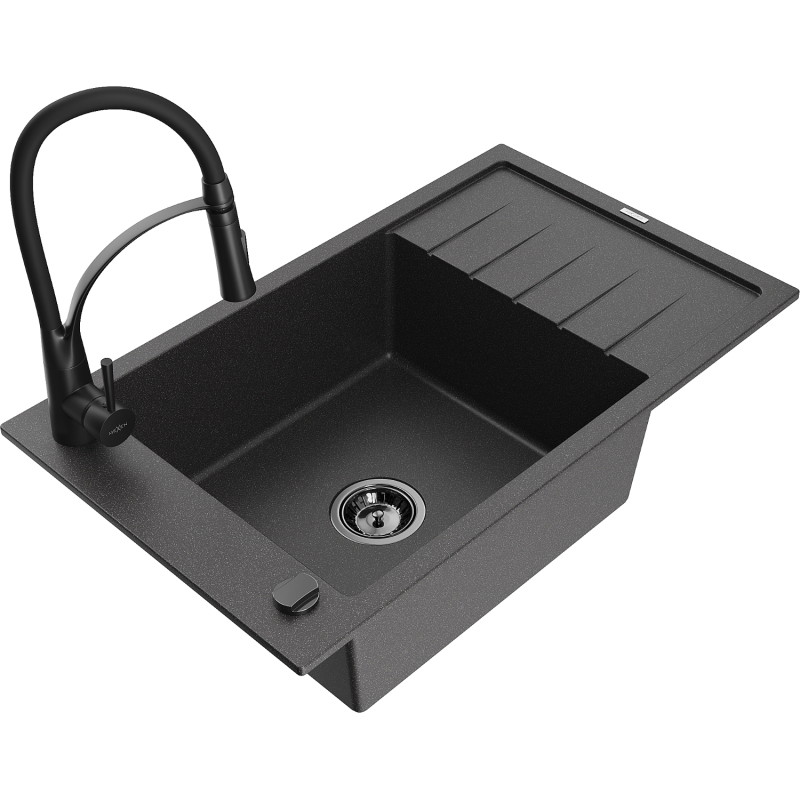 Mexen Elias 1-bowl granite sink with drainer and Aster kitchen faucet, black speckled - 6511-76-73450-70-B