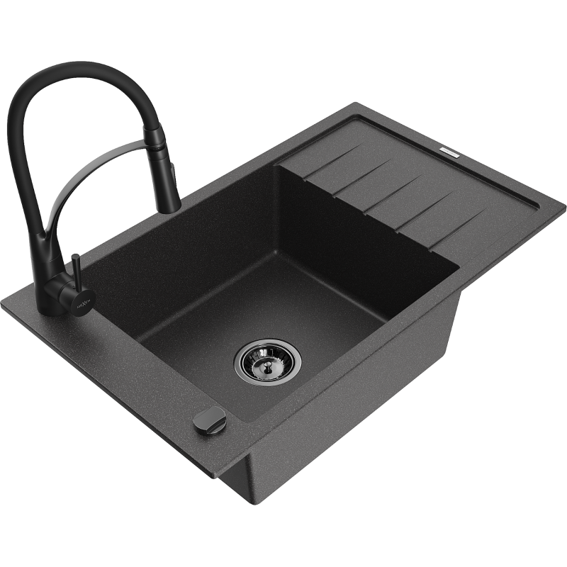 Mexen Elias 1-compartment granite sink with a drip tray and kitchen mixer tap Aster, spotted black - 6511-76-73450-70-B