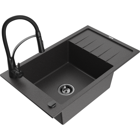 Mexen Elias granite kitchen sink 1-bowl with drainer and Aster kitchen faucet, speckled black - 6511-76-73450-70-B