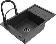 Mexen Elias 1-bowl granite kitchen sink with drainer and Aster kitchen tap, black speckled - 6511-76-73450-70-B