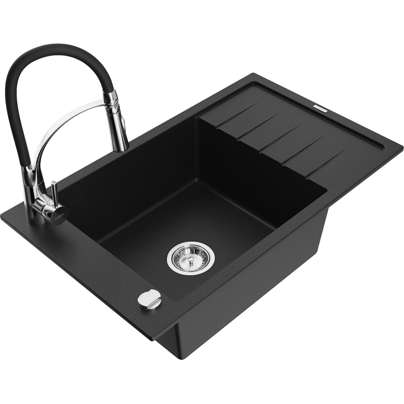Mexen Elias 1-compartment granite sink with a drip tray and kitchen mixer tap Aster, Black - 6511-77-73450-07