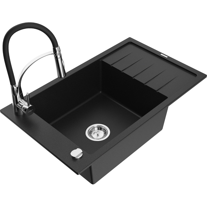 Mexen Elias granite 1-bowl sink with drainer and kitchen faucet Aster, black - 6511-77-73450-07