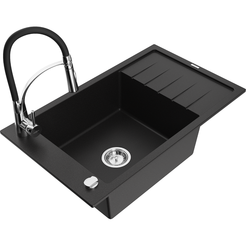Mexen Elias granite sink 1-bowl with drainer and Aster kitchen tap, black - 6511-77-73450-07