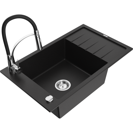 Mexen Elias granite kitchen sink 1-chamber with drainer and kitchen faucet Aster, black - 6511-77-73450-07