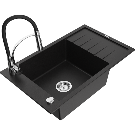 Mexen Elias granite sink 1-bowl with drainer and Aster kitchen tap, black - 6511-77-73450-07