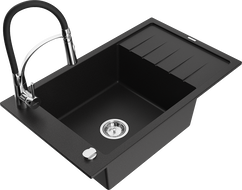 Mexen Elias granite sink 1-bowl with drainer and Aster kitchen tap, black - 6511-77-73450-07