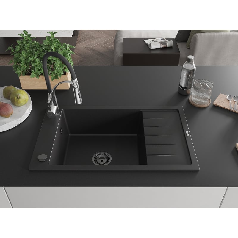 Mexen Elias 1-bowl Granite Sink with Drainer and Aster Kitchen Faucet, Black - 6511-77-73450-07-B