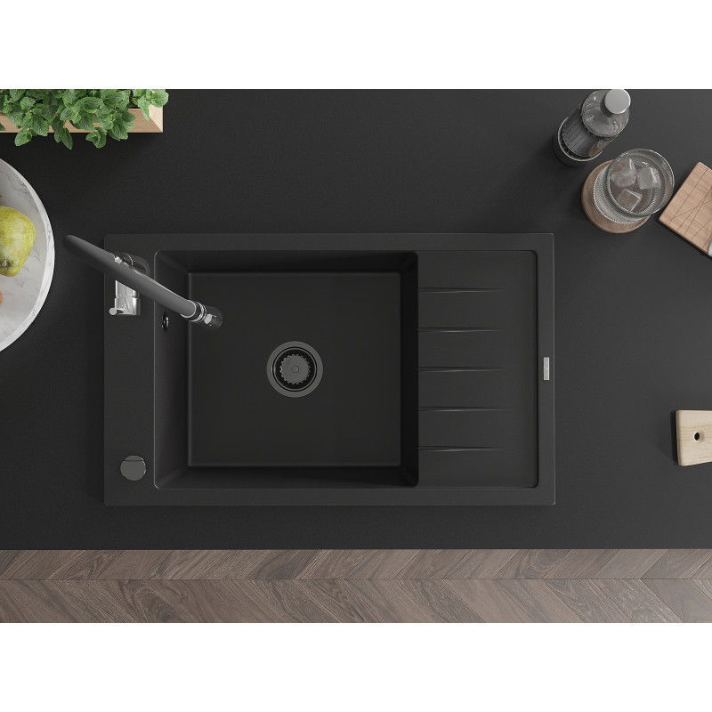 Mexen Elias single-bowl granite sink with drainer and Aster kitchen tap, black - 6511-77-73450-07-B