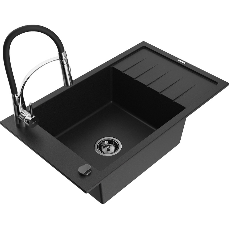 Mexen Elias 1-bowl granite sink with drainer and kitchen faucet Aster, black - 6511-77-73450-07-B