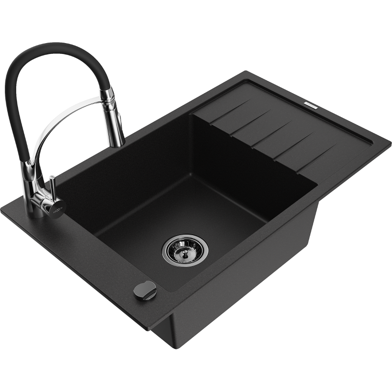 Mexen Elias single-bowl granite sink with drainer and Aster kitchen tap, black - 6511-77-73450-07-B