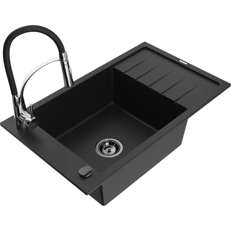 Mexen Elias 1-bowl Granite Sink with Drainer and Aster Kitchen Faucet, Black - 6511-77-73450-07-B