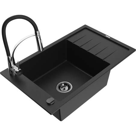Mexen Elias single-bowl granite sink with drainer and Aster kitchen tap, black - 6511-77-73450-07-B