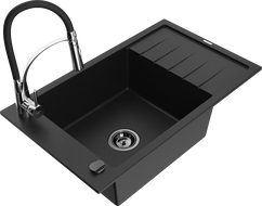 Mexen Elias single-bowl granite sink with drainer and Aster kitchen tap, black - 6511-77-73450-07-B