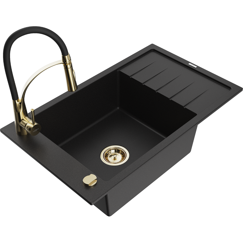 Mexen Elias 1-compartment granite sink with a drip tray and kitchen mixer tap Aster, Black - 6511-77-73450-57-G