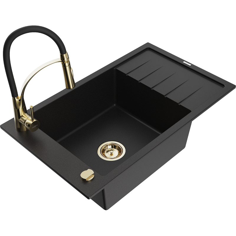 Mexen Elias granite kitchen sink 1-bowl with drainer and Aster kitchen tap, black - 6511-77-73450-57-G