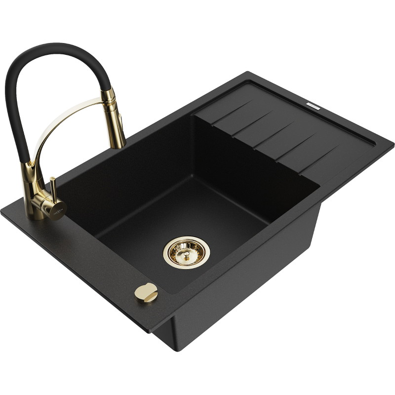 Mexen Elias granite kitchen sink 1-bowl with drainer and kitchen faucet Aster, black - 6511-77-73450-57-G