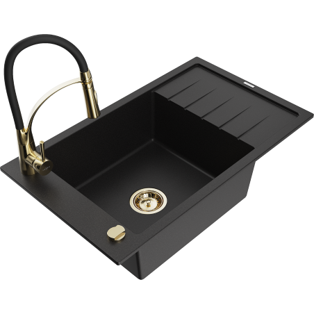 Mexen Elias granite kitchen sink 1-bowl with drainer and kitchen faucet Aster, black - 6511-77-73450-57-G