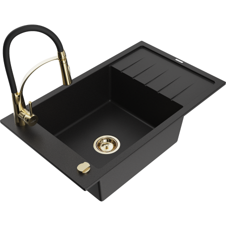 Mexen Elias granite kitchen sink with one bowl, drainer, and Aster kitchen faucet, black - 6511-77-73450-57-G