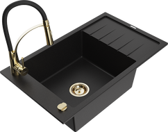 Mexen Elias granite kitchen sink 1-bowl with drainer and Aster kitchen tap, black - 6511-77-73450-57-G