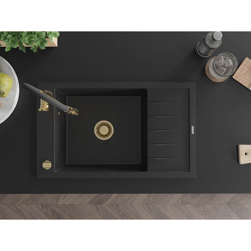Mexen Elias granite kitchen sink with one bowl, drainer, and Aster kitchen faucet, black - 6511-77-73450-57-G