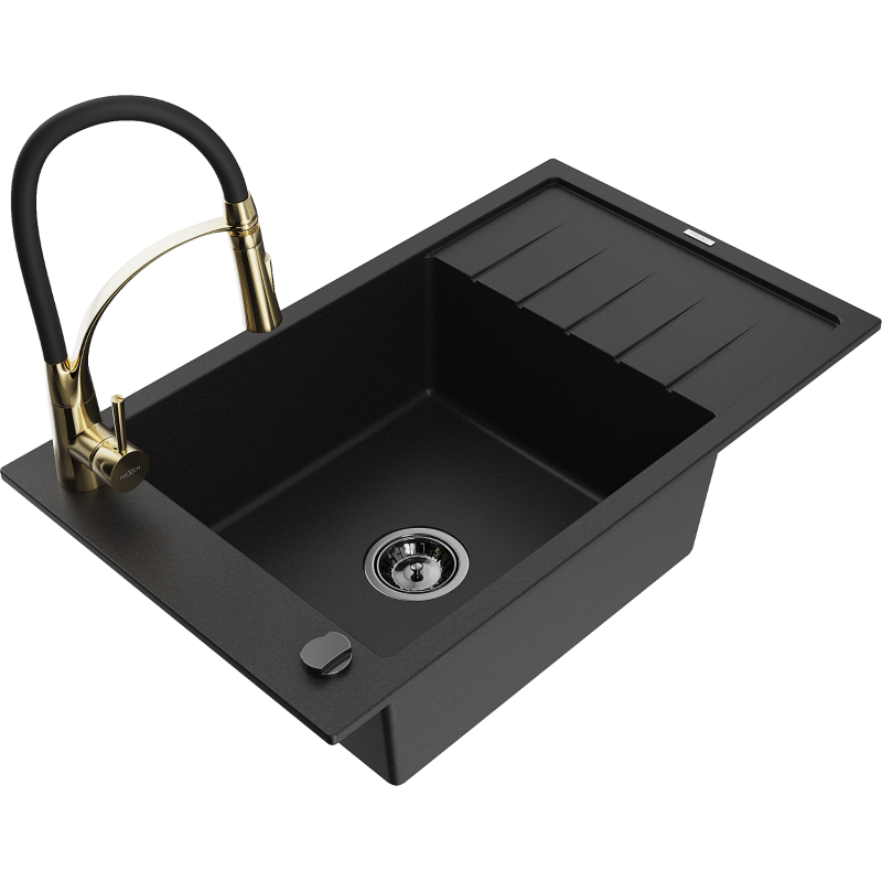 Mexen Elias 1-compartment granite sink with a drip tray and kitchen mixer tap Aster, Black - 6511-77-73450-57-B