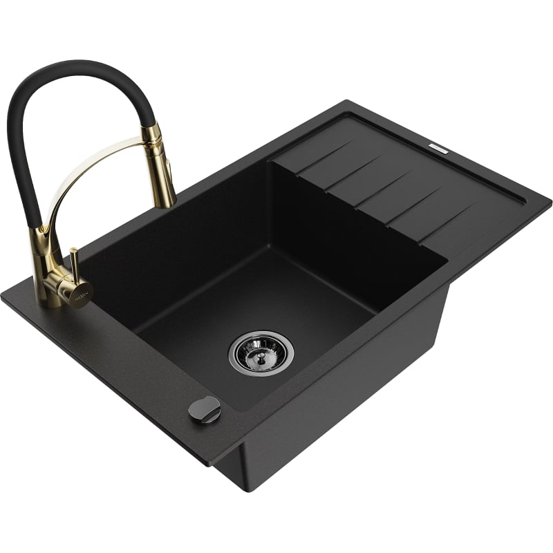 Mexen Elias granite kitchen sink with one basin, drainer, and Aster faucet, black - 6511-77-73450-57-B