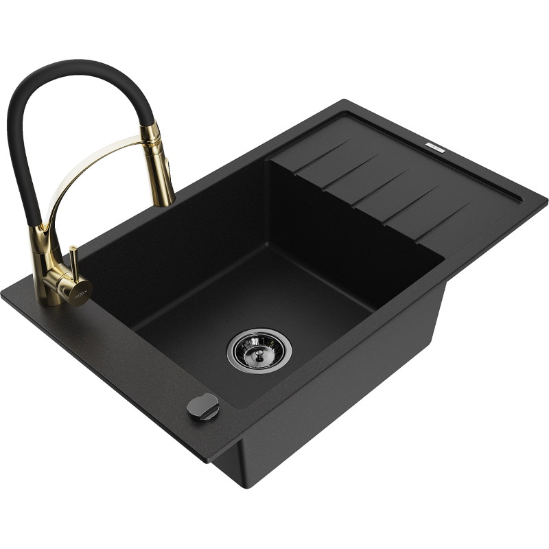 Mexen Elias granite sink 1-bowl with drainer and kitchen faucet Aster, black - 6511-77-73450-57-B