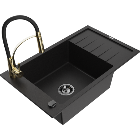 Mexen Elias 1-compartment granite sink with a drip tray and kitchen mixer tap Aster, Black - 6511-77-73450-57-B