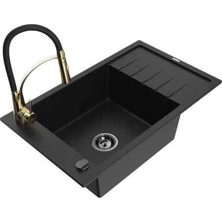 Mexen Elias granite kitchen sink with one basin, drainer, and Aster faucet, black - 6511-77-73450-57-B