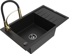 Mexen Elias granite sink 1-bowl with drainer and Aster kitchen tap, black - 6511-77-73450-57-B