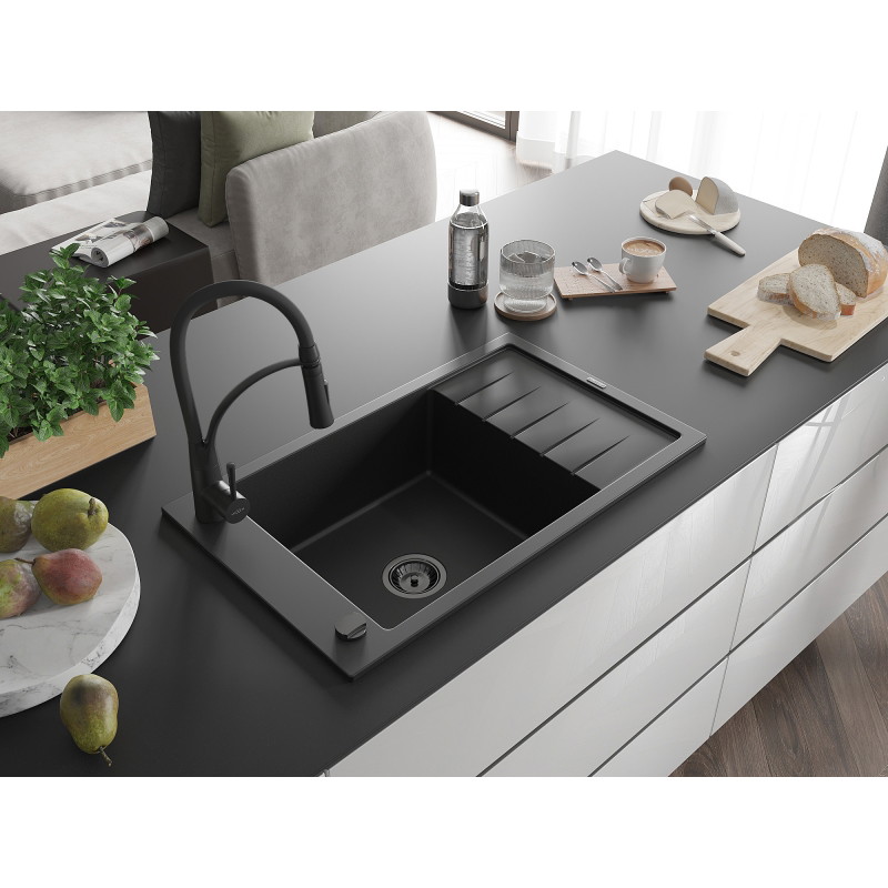 Mexen Elias 1-bowl granite sink with drainer and Aster kitchen faucet, black - 6511-77-73450-70-B